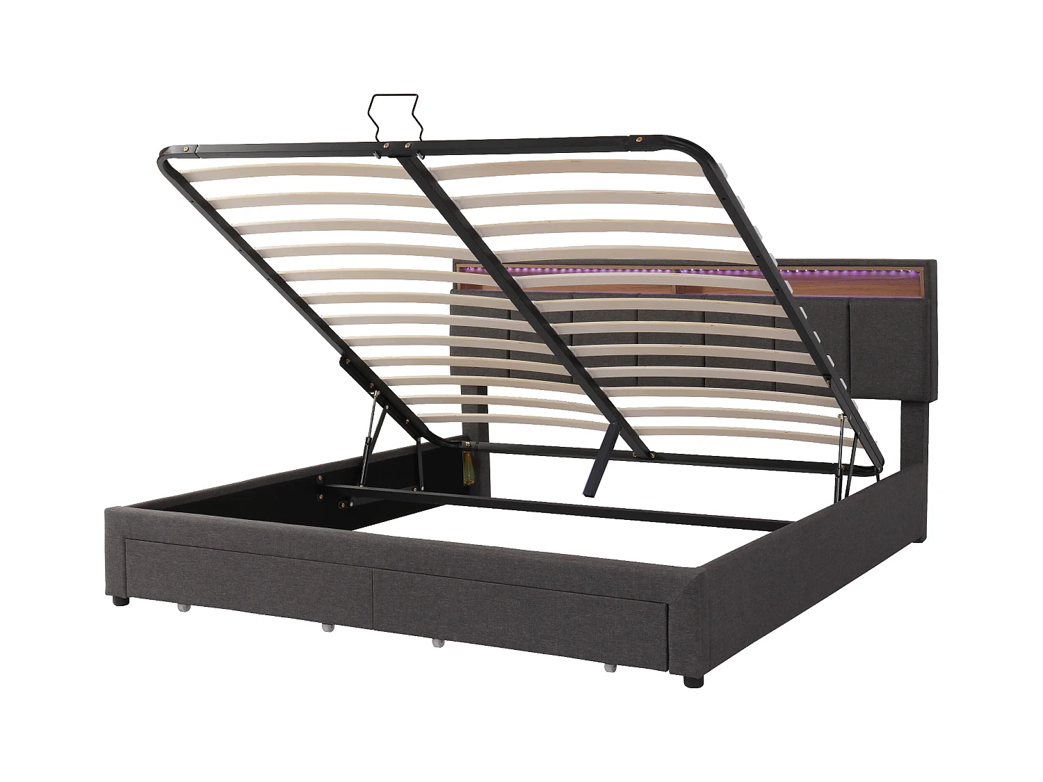 lit coffre 180x200 cm avec sommier - tête de lit de rangement à LED et tiroirs - lin - gris (sans matelas)