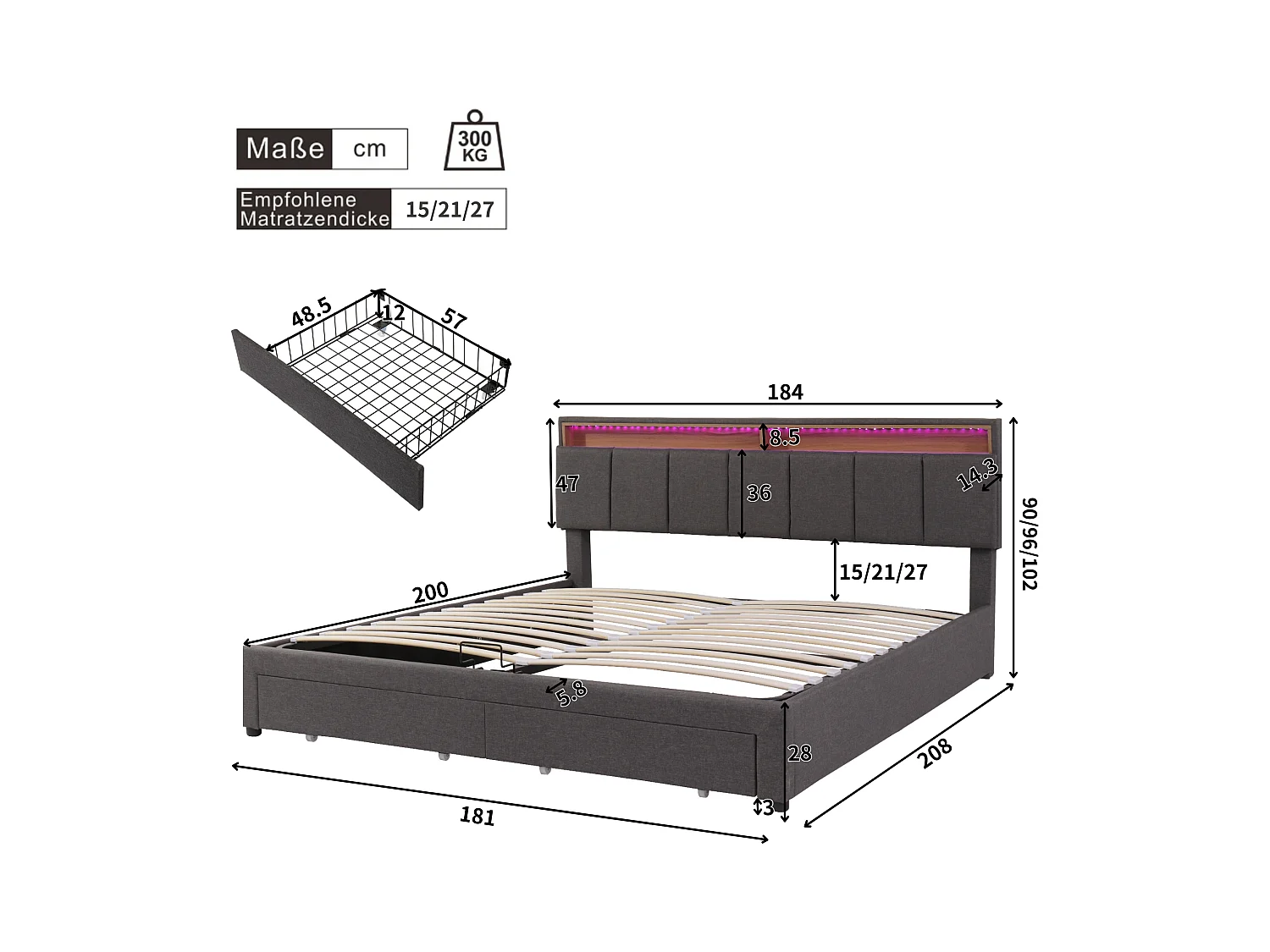 lit coffre 180x200 cm avec sommier - tête de lit de rangement à LED et tiroirs - lin - gris (sans matelas)