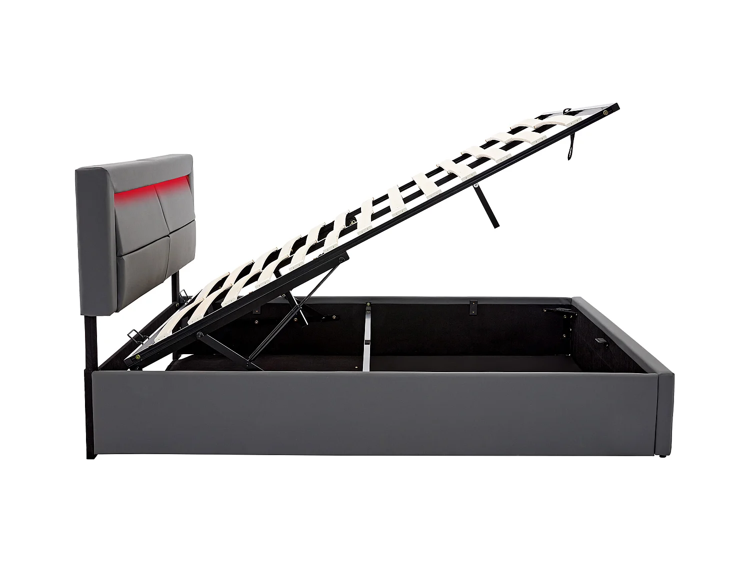 Lit coffre 140x190 cm avec sommier - tête de lit capitonnée avec LED et USB - similicuir - gris (sans matelas)