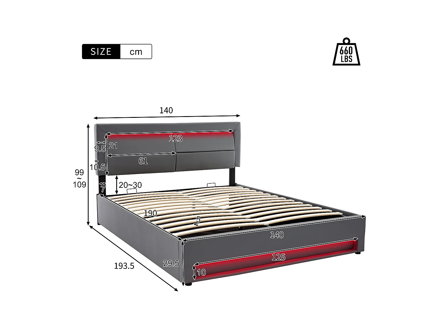 Lit coffre 140x190 cm avec sommier - tête de lit capitonnée avec LED et USB - similicuir - gris (sans matelas)