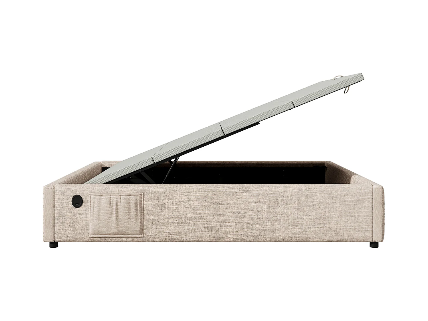 Lit coffre 160x200 cm sans tête de lit - avec USB et rangement latéral - lin - beige (sans matelas)