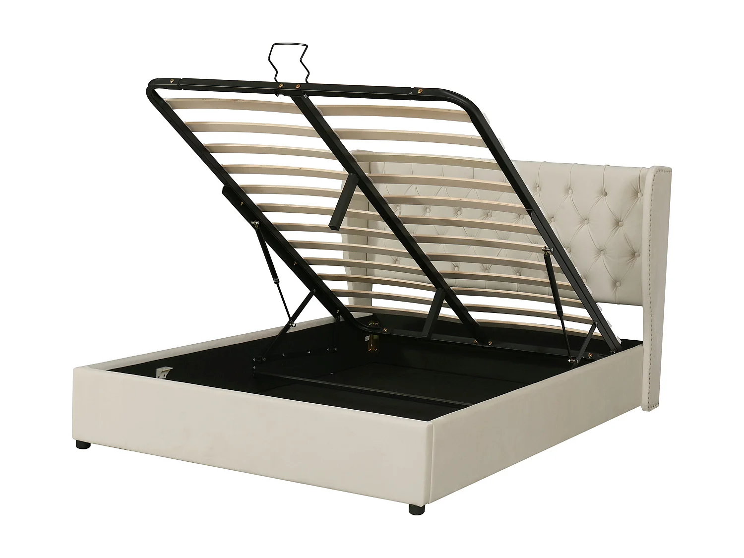 Volwassen opbergbed 160x200 cm tweepersoonsbed met lattenbodem en hoofdeinde in de vorm van een kussen - beige fluweel (zonder matras)