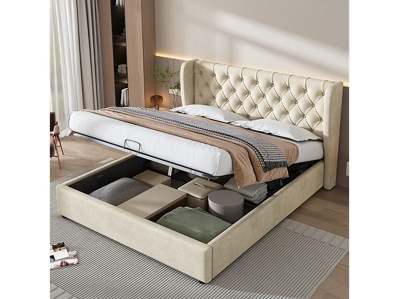 Volwassen opbergbed 160x200 cm tweepersoonsbed met lattenbodem en hoofdeinde in de vorm van een kussen - beige fluweel (zonder matras)
