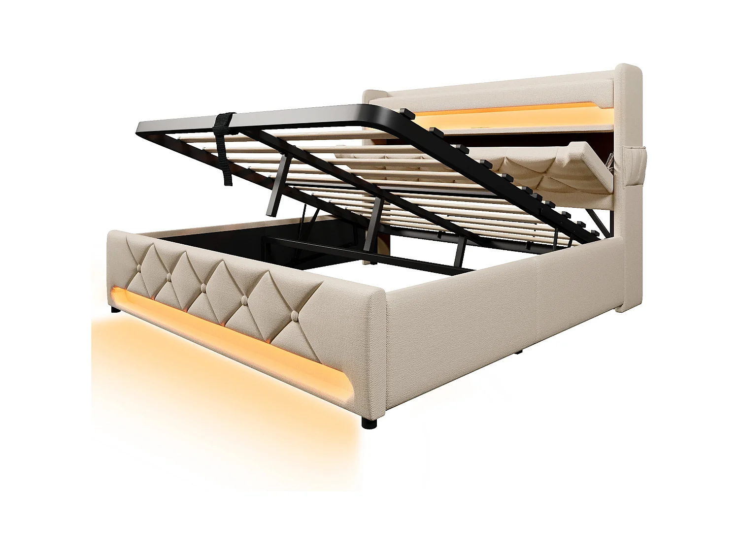 Lit adulte 160x200cm avec sommier - tête de lit rangement avec USB et LED - lin beige (sans matelas)
