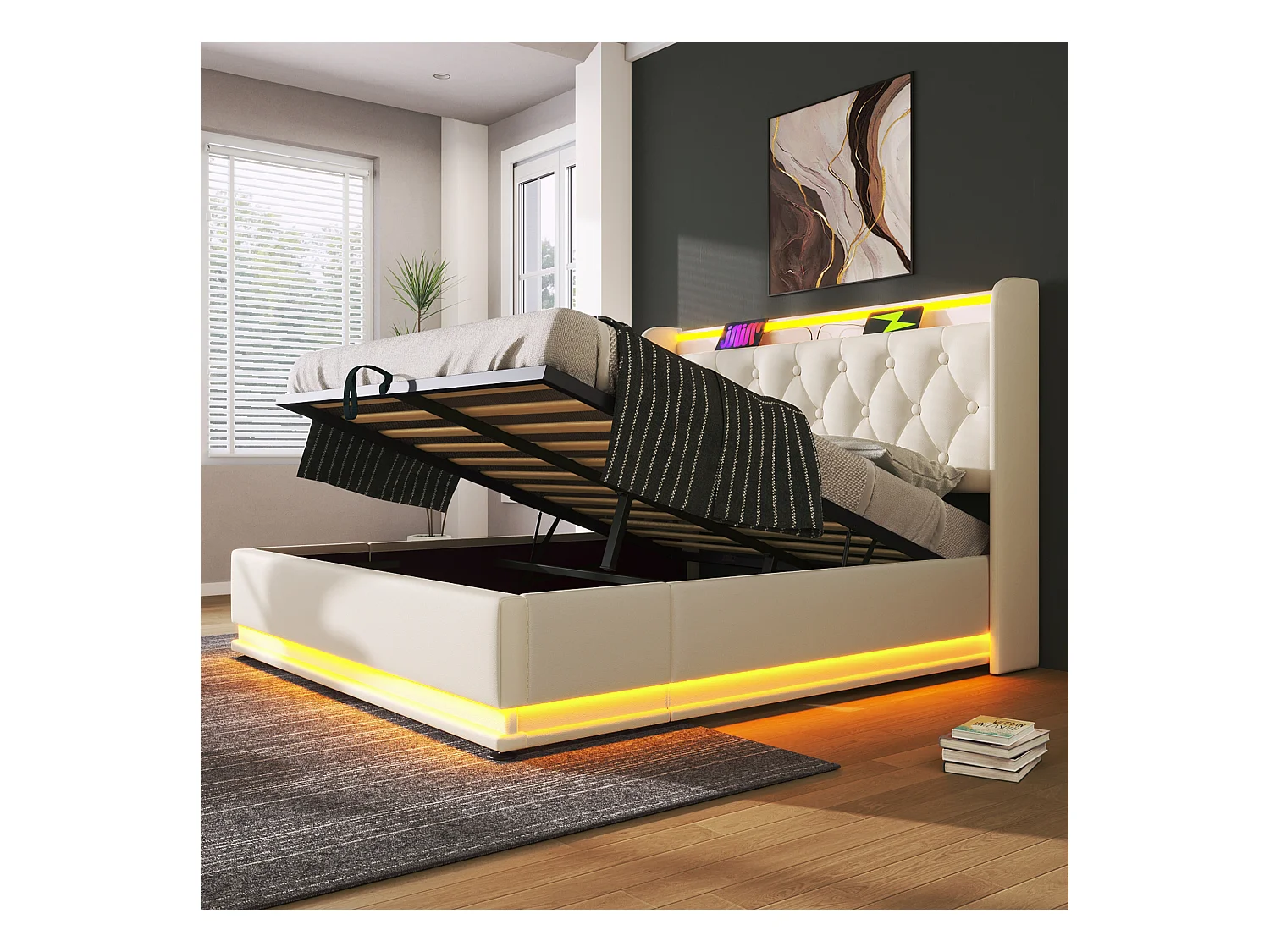 Volwassen opbergbed 160x200 cm met onderstel - hoofdeinde met USB en LED - wit imitatieleer (zonder matras)