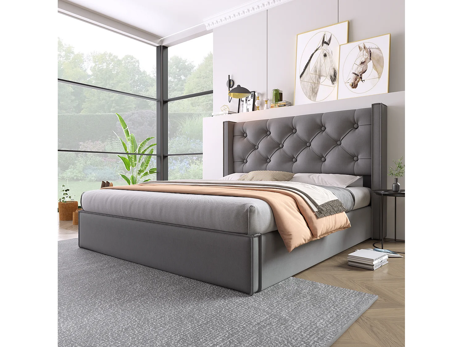 Lit coffre 140x200 cm avec tête de lit capitonnée sommier relevable rangement, coton, gris (Sans matelas)