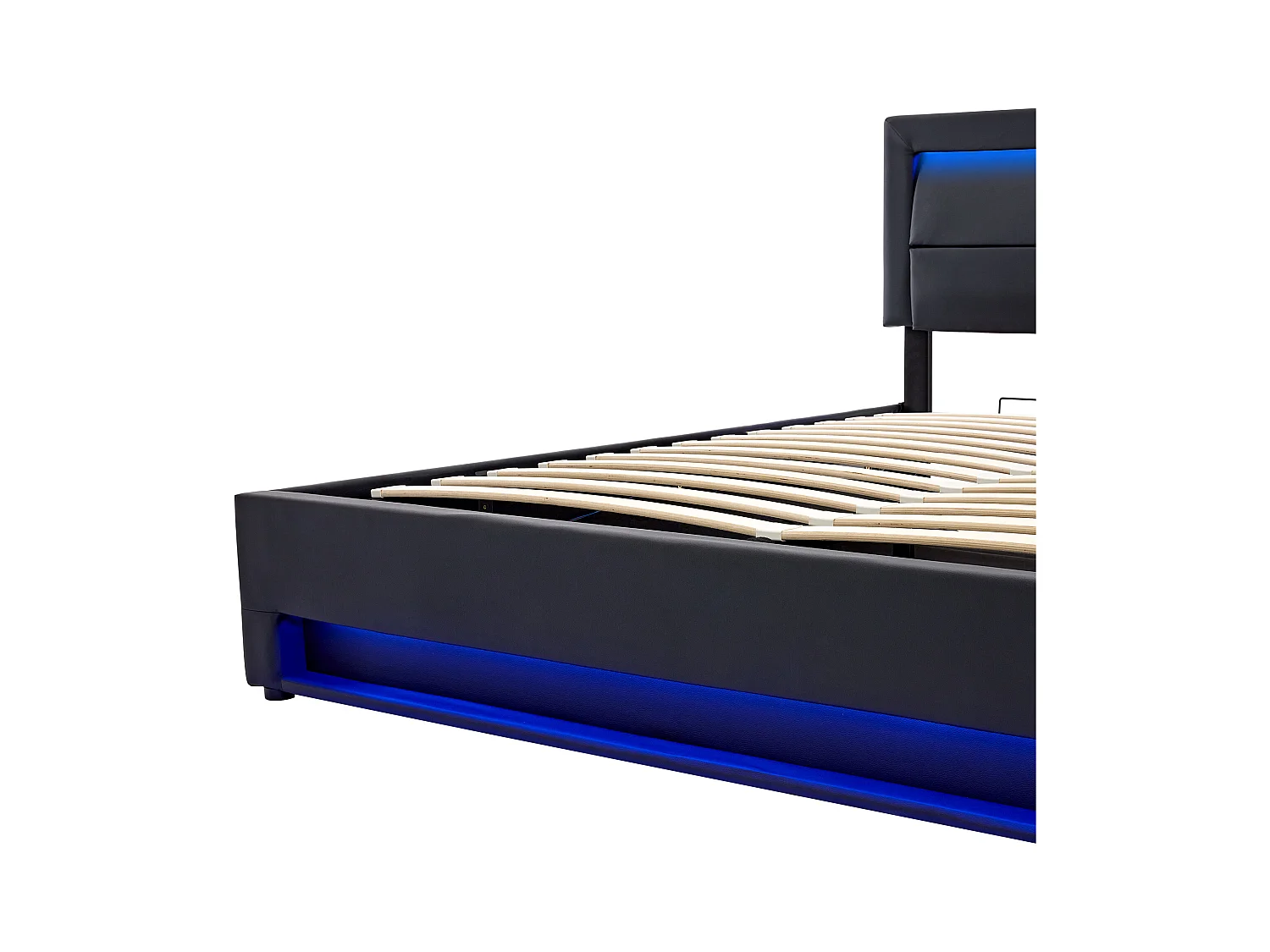Lit coffre 160x200 cm avec sommier - tête de lit capitonnée avec LED et USB - similicuir - noir (sans matelas)