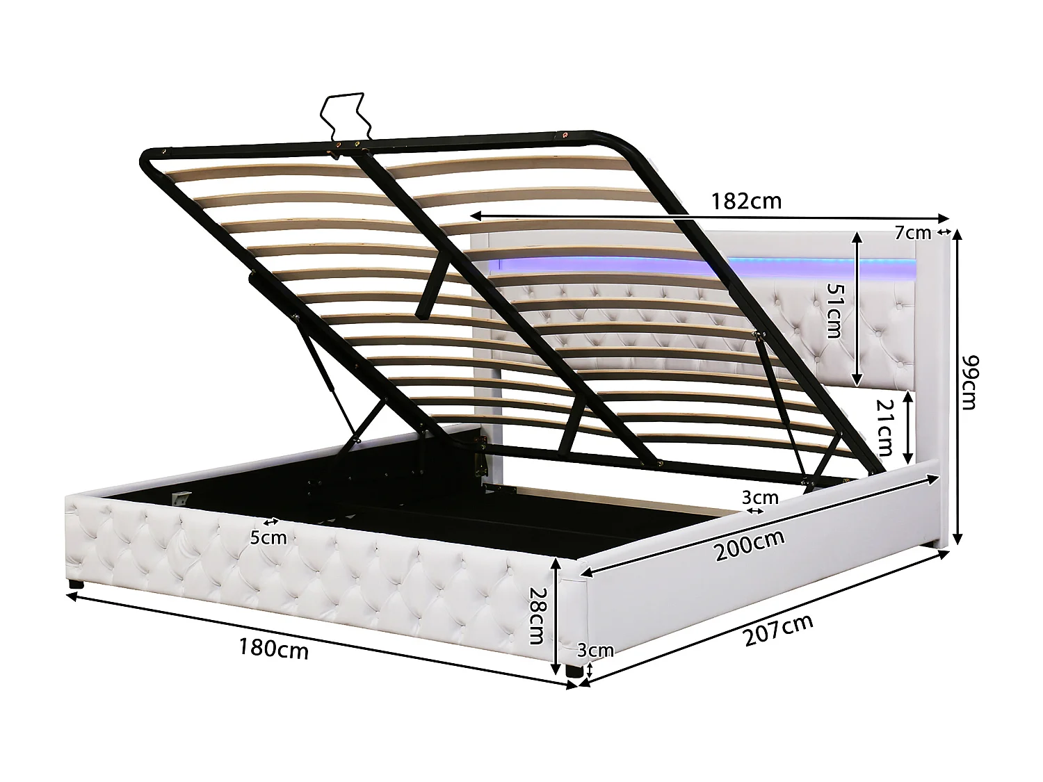 Letto contenitore per adulti 180x200 cm con base in legno - testiera imbottita con LED - similpelle - bianco (senza materasso)