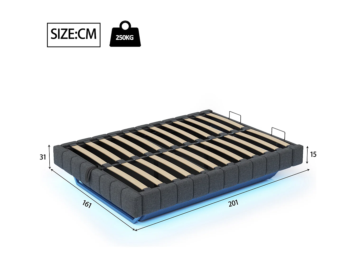 Lit coffre 160x200 cm cadre moderne effet flottant gain de place tissu pour chambre gris (Sans matelas)