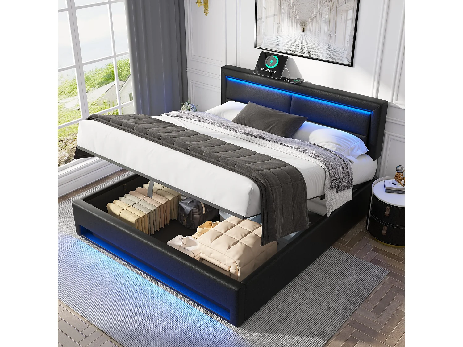 Letto contenitore per adulti 140x200 cm con base - testiera imbottita con LED e USB - similpelle - nero (senza materasso)