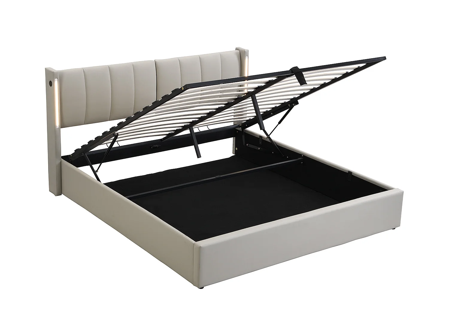 Lit coffre 160x200 cm avec sommier - tête de lit capitonnée avec LED et USB - similicuir - gris (sans matelas)