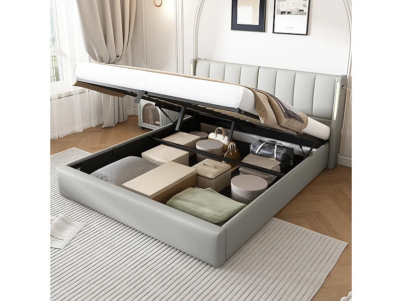 Volwassen opbergbed 160x200 cm met onderstel - gewatteerd hoofdeinde met LED en USB - kunstleer - grijs (zonder matras)