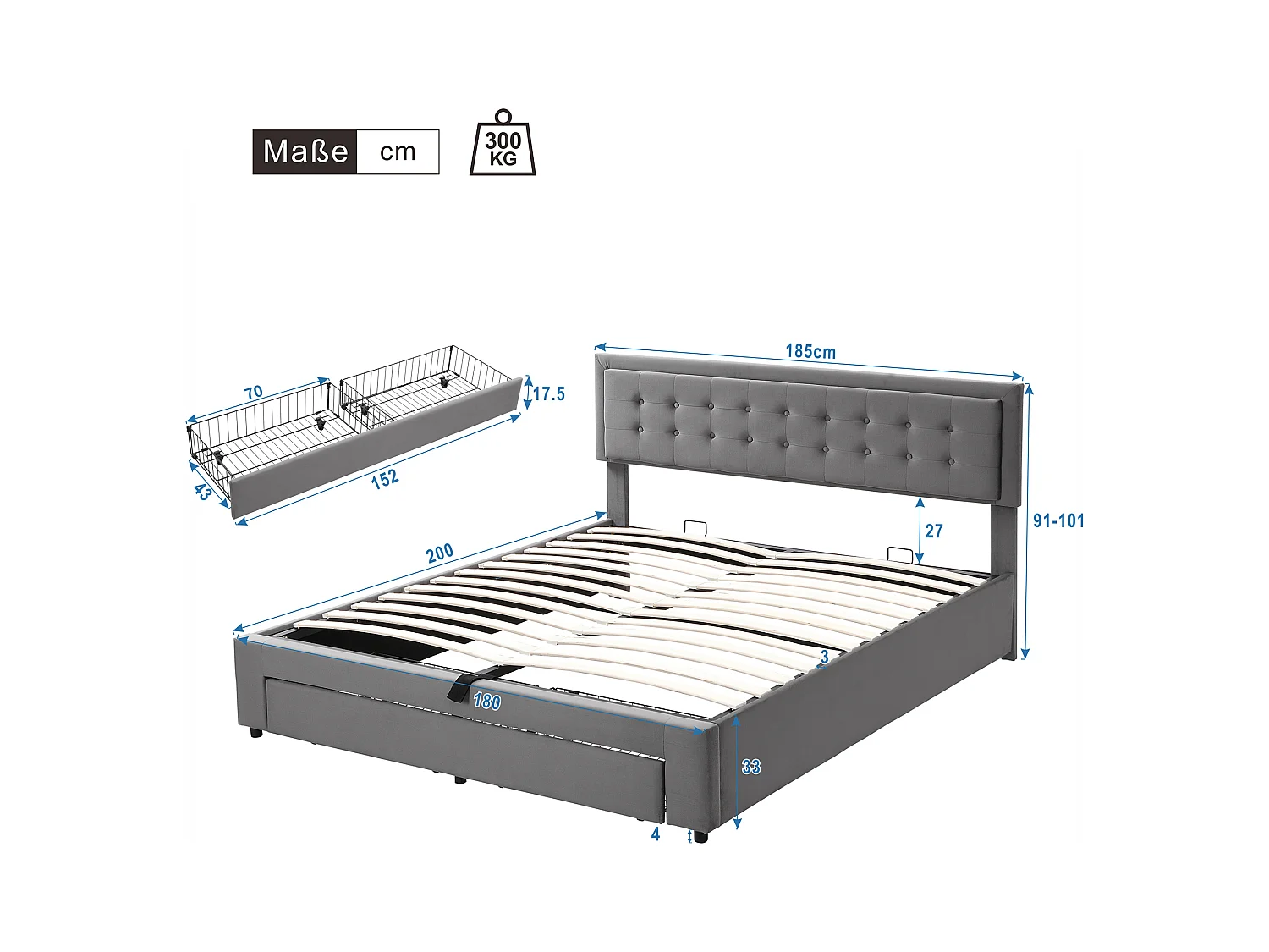 Lit coffre 180x200 cm avec sommier - 2 tiroirs et tête de lit réglable en hauteur - velours - gris (sans matelas)