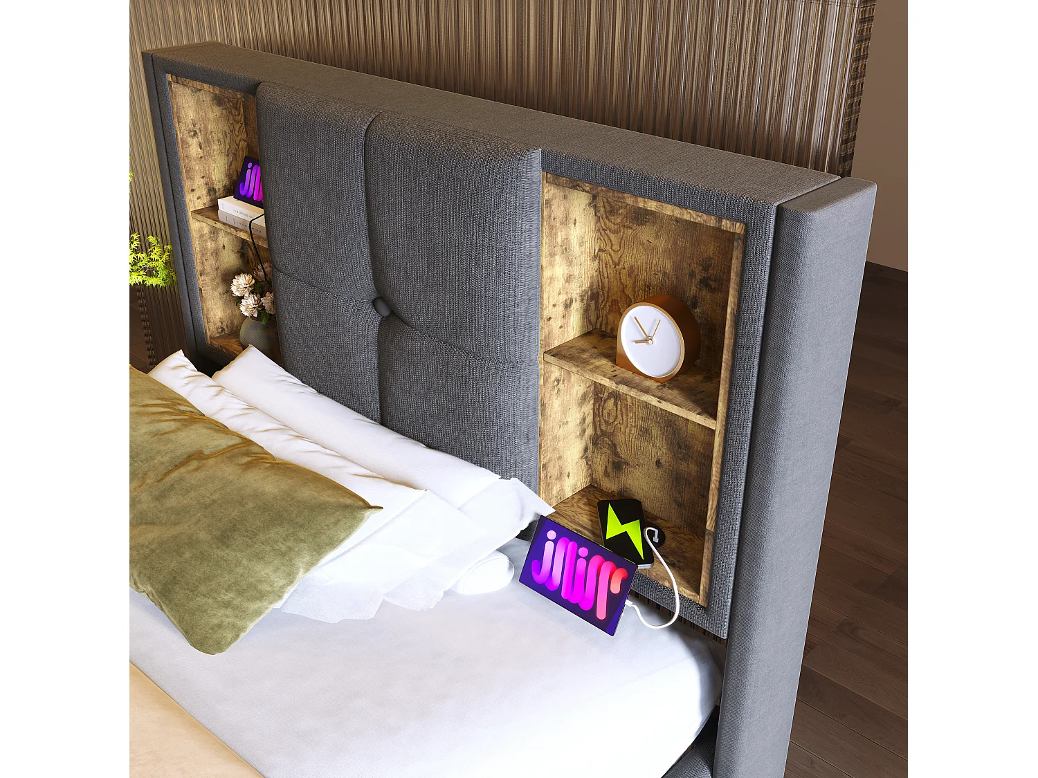 Kinderbed met opbergruimte 90x200cm met bedbodem - hoofdbord met USB en opbergruimte - katoenen stof - grijs (zonder matras)