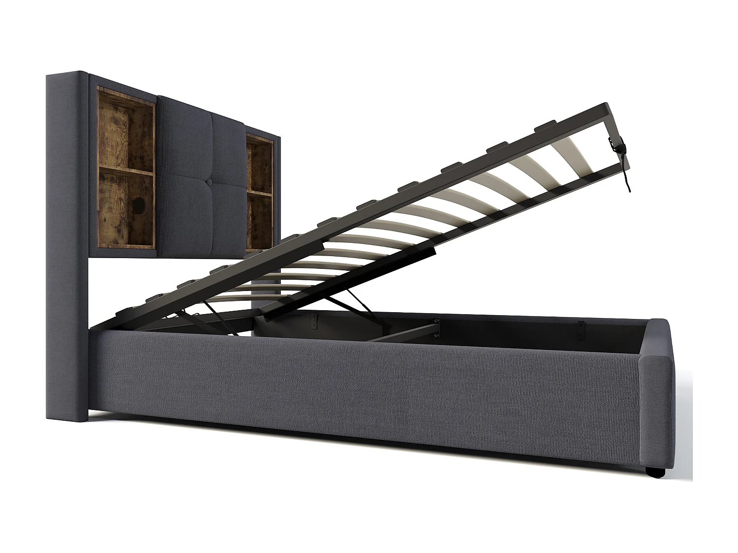Opbergbed 90x200 cm met opbergruimte en hoofdbord met draadloos opladen, USB en Type C in grijs katoen (zonder matras)