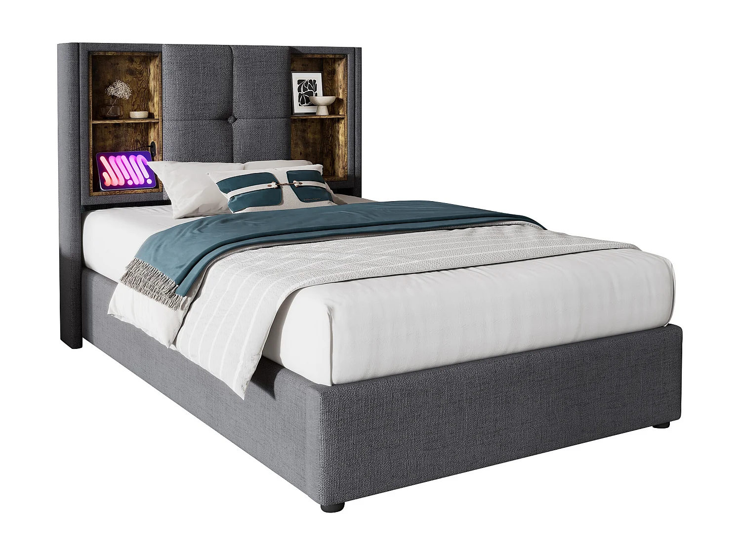 Opbergbed 90x200 cm met opbergruimte en hoofdbord met draadloos opladen, USB en Type C in grijs katoen (zonder matras)