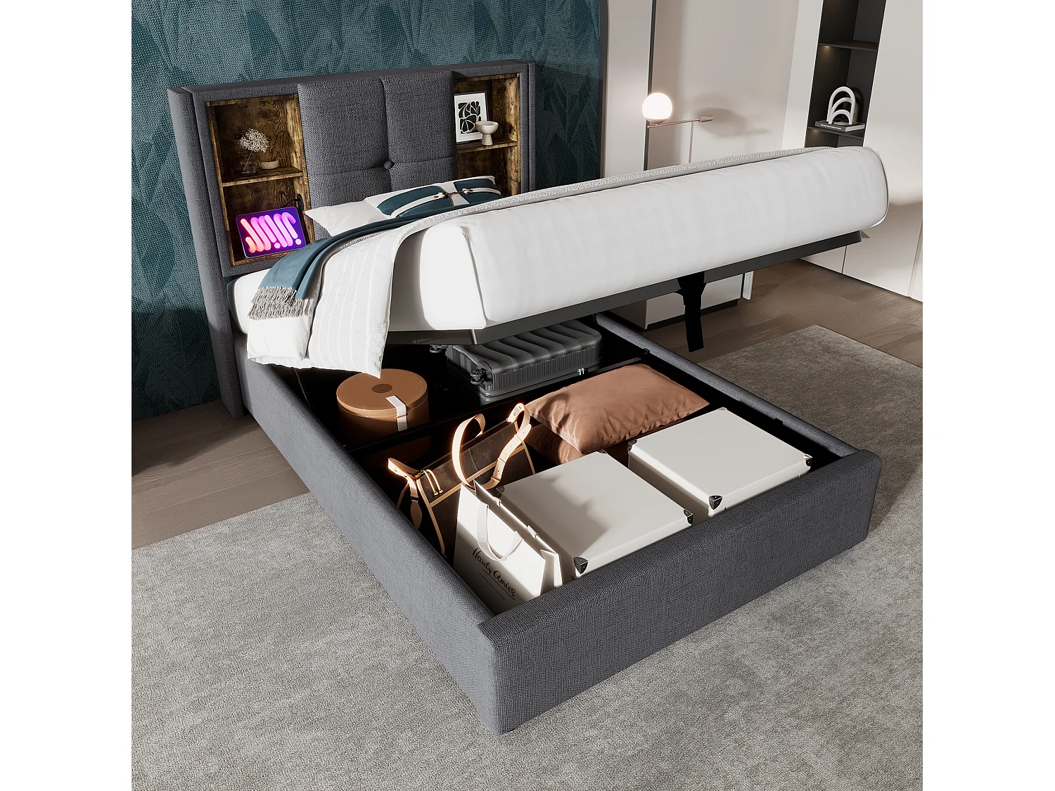 Opbergbed 90x200 cm met opbergruimte en hoofdbord met draadloos opladen, USB en Type C in grijs katoen (zonder matras)