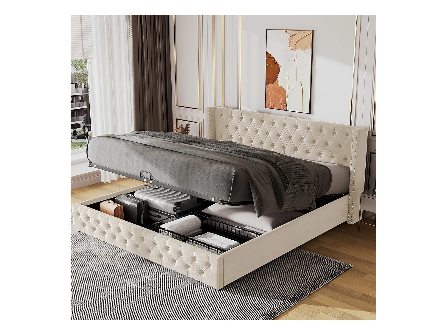 Lit coffre 140x190 cm avec sommier - tête de lit capitonnée - velours - beige (sans matelas)