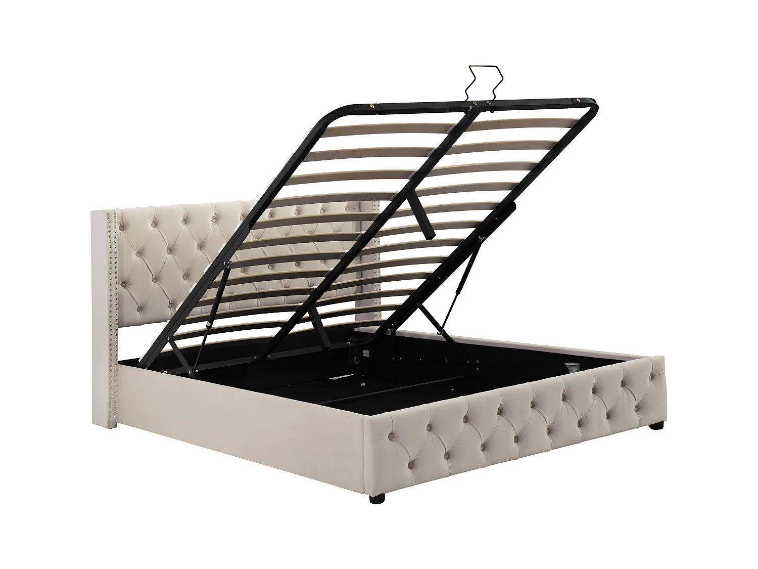 Lit coffre 140x190 cm avec sommier - tête de lit capitonnée - velours - beige (sans matelas)