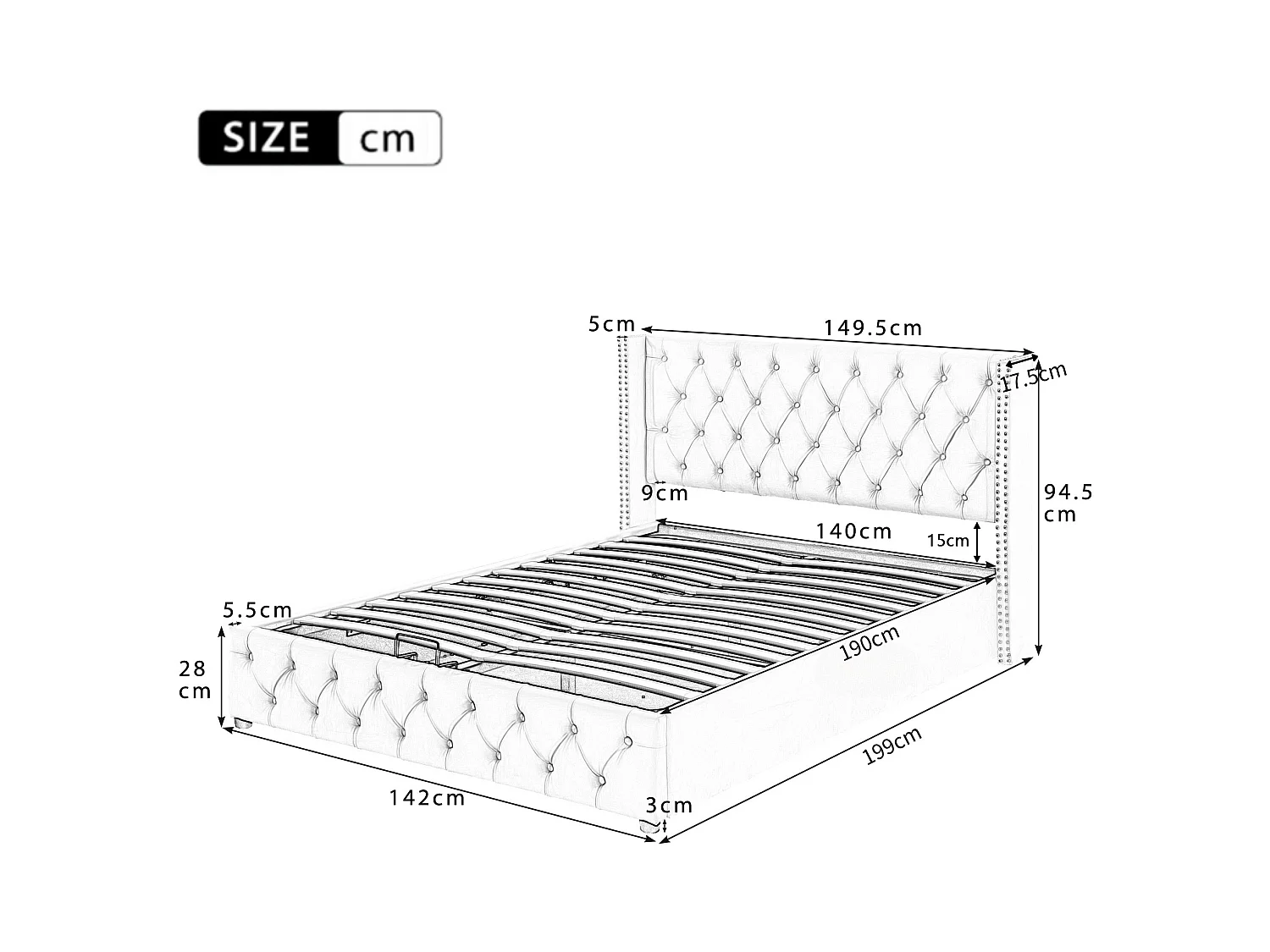 Lit coffre 140x190 cm avec sommier - tête de lit capitonnée - velours - beige (sans matelas)