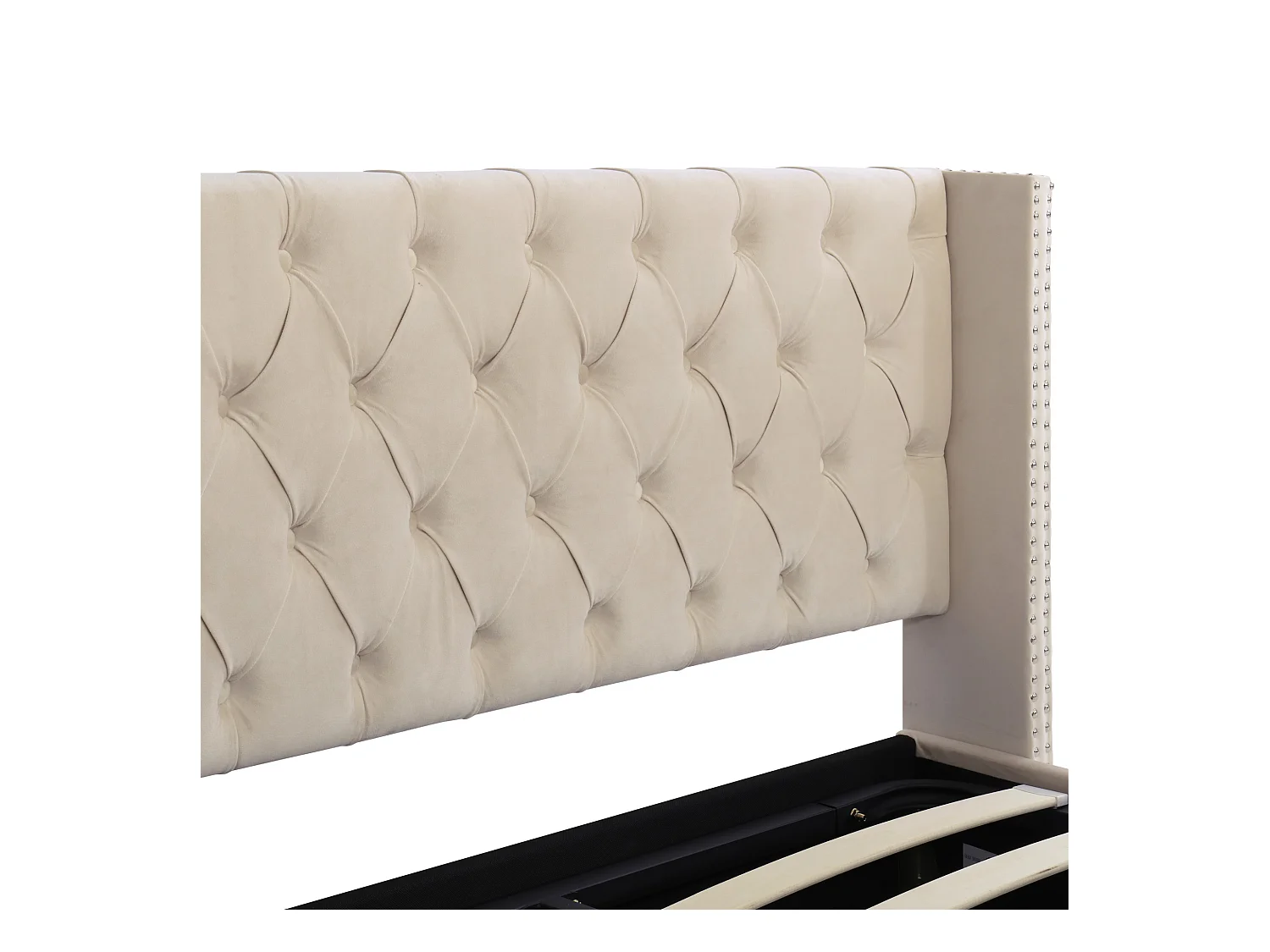 Lit coffre adulte 140x190 cm avec sommier - tête de lit capitonnée - velours - beige (sans matelas)