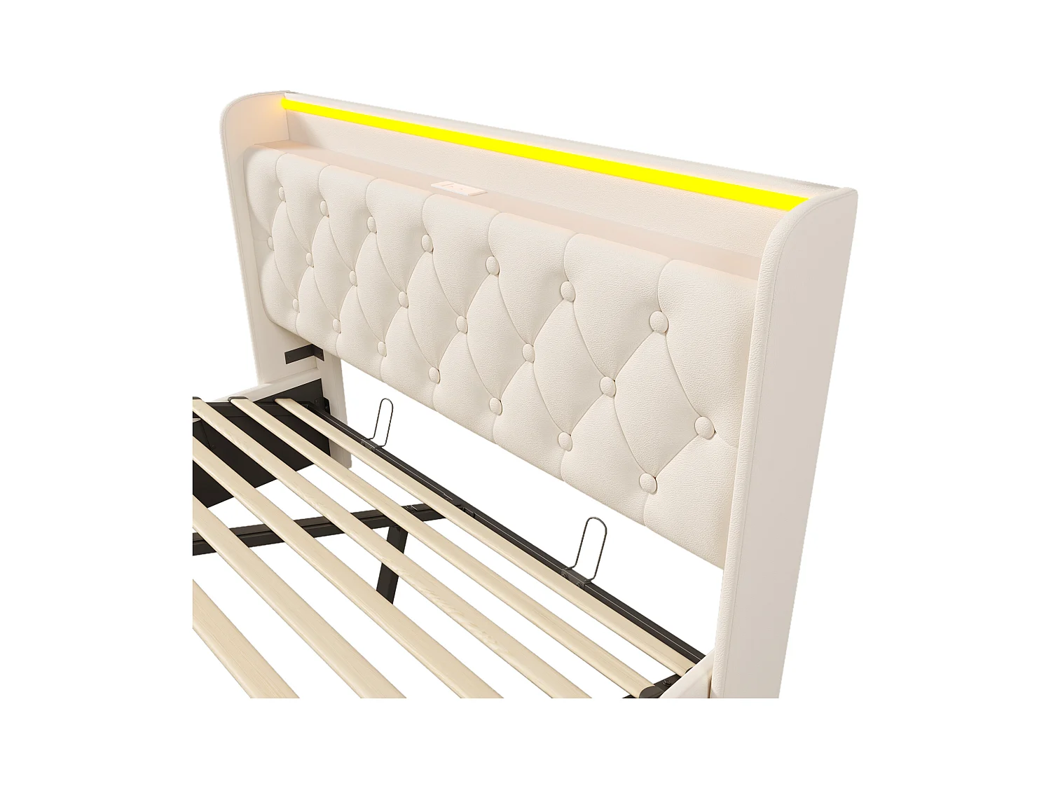 Lit coffre 140x200 cm avec sommier - tête de lit avec USB et LED - similicuir blanc (sans matelas)