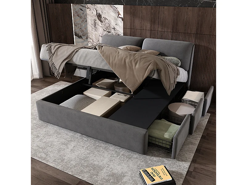 Lit coffre adulte 180x200 cm avec sommier - tête de lit rembourré avec 3 tiroirs - velours - gris (sans matelas)