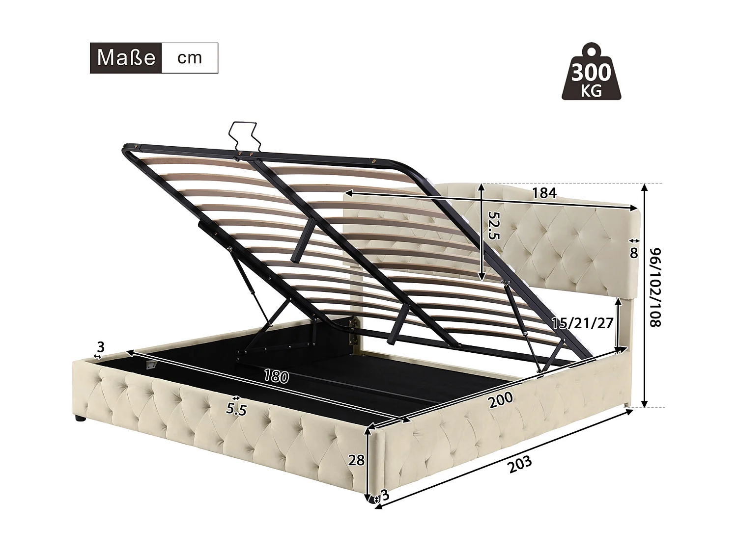 Volwassen opbergbed 180x200cm - tweepersoonsbed met verstelbare bodem en hoofdeinde - PU - Beige (zonder matras)