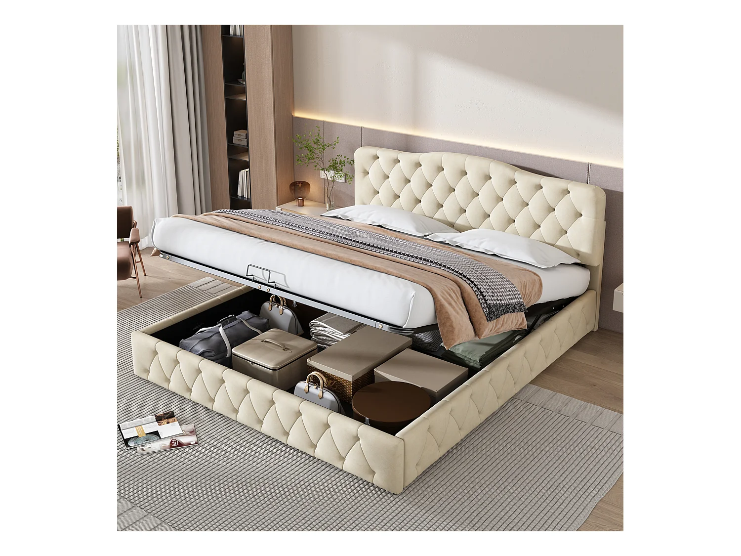Lit coffre adulte 180x200cm - lit 2 place avec sommier et tête de lit réglable - PU - Beige (sans matelas)