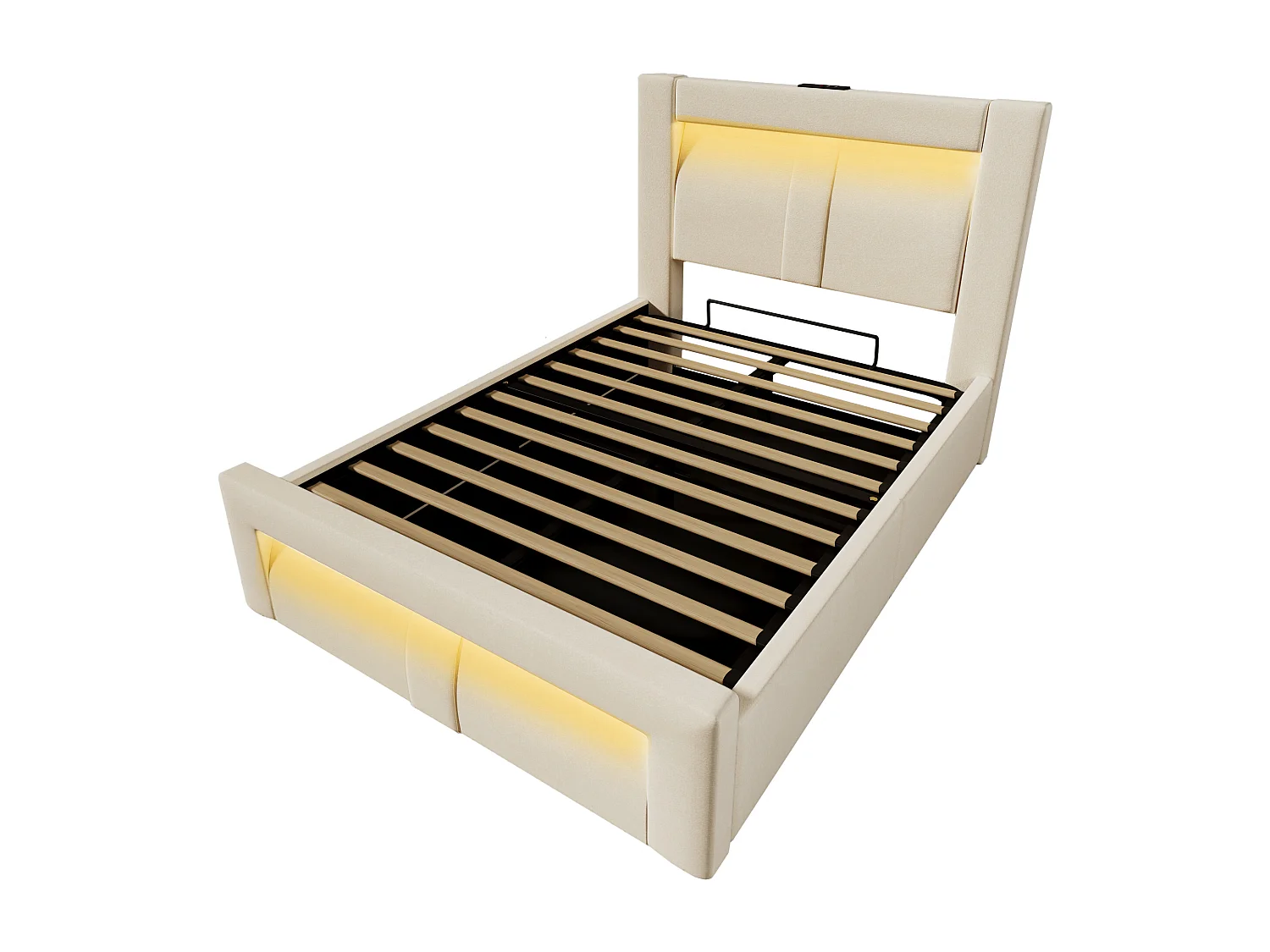 Lit coffre 90x20cm avec LED Cadre de lit à lattes et espace de rangement en beige pour adultes et enfants (avec matelas)