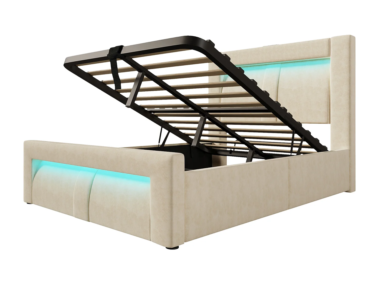 Lit coffre 90x20cm avec LED Cadre de lit à lattes et espace de rangement en beige pour adultes et enfants (avec matelas)