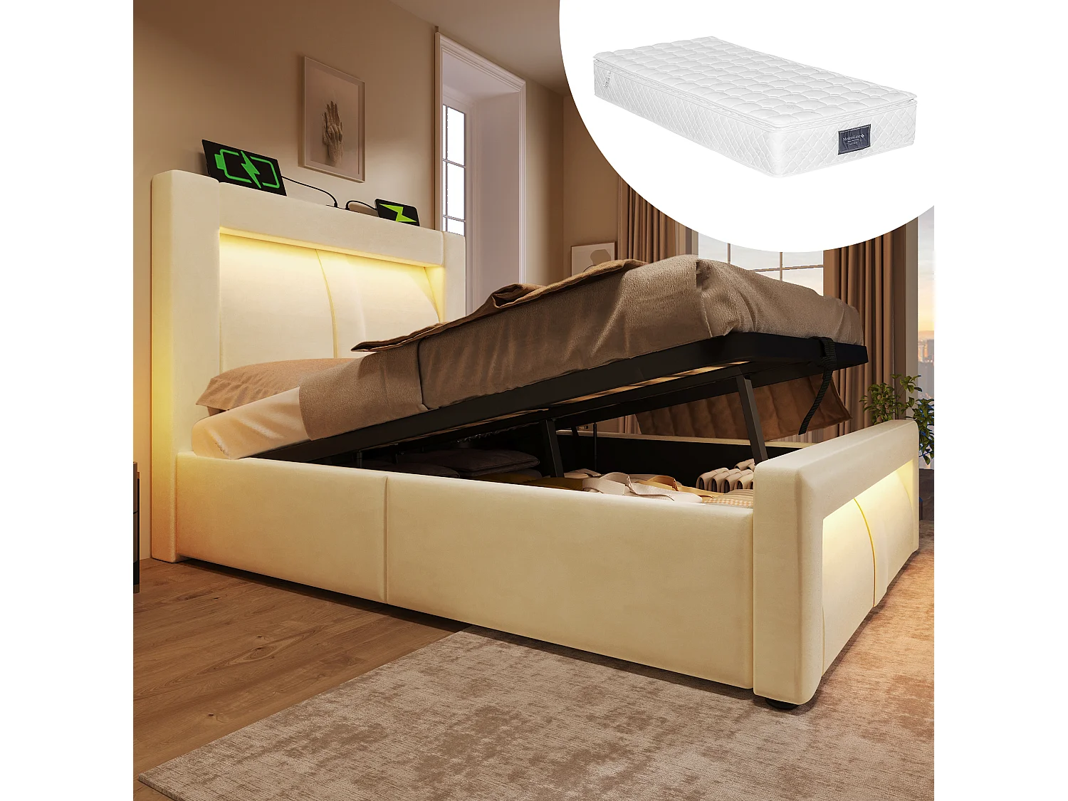 Lit coffre 90x20cm avec LED Cadre de lit à lattes et espace de rangement en beige pour adultes et enfants (avec matelas)
