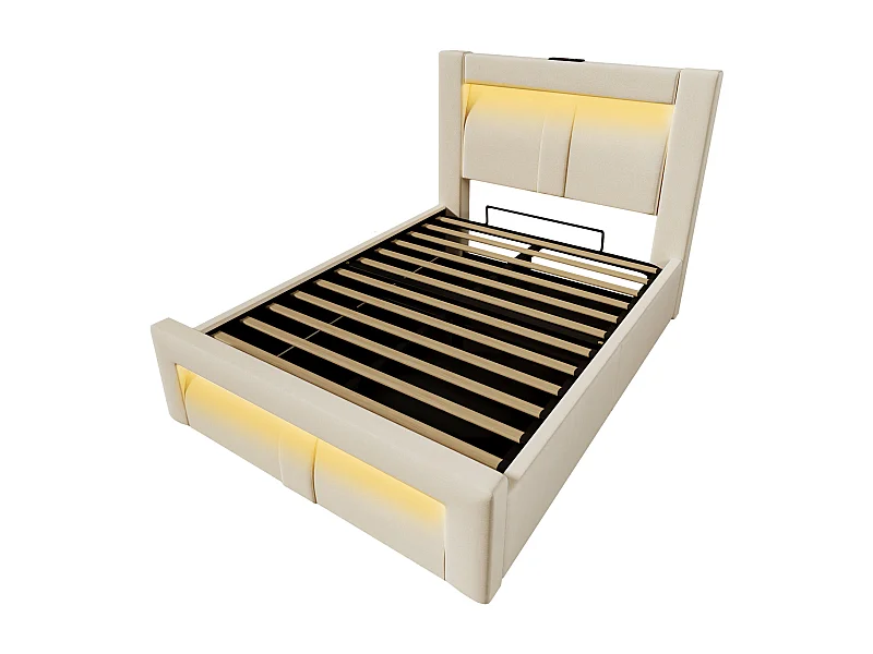 Cama abatible de 90x200cm con iluminación LED, somier de láminas y espacio de almacenaje en color beige para adultos y niños (con colchón)