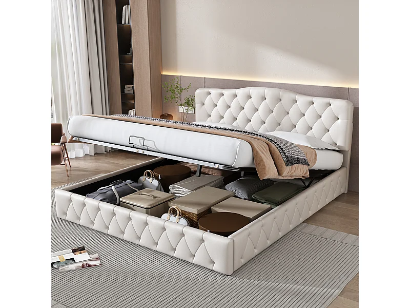 Lit coffre adulte 180x200cm - lit 2 place avec sommier et tête de lit réglable - PU - blanc (sans matelas)