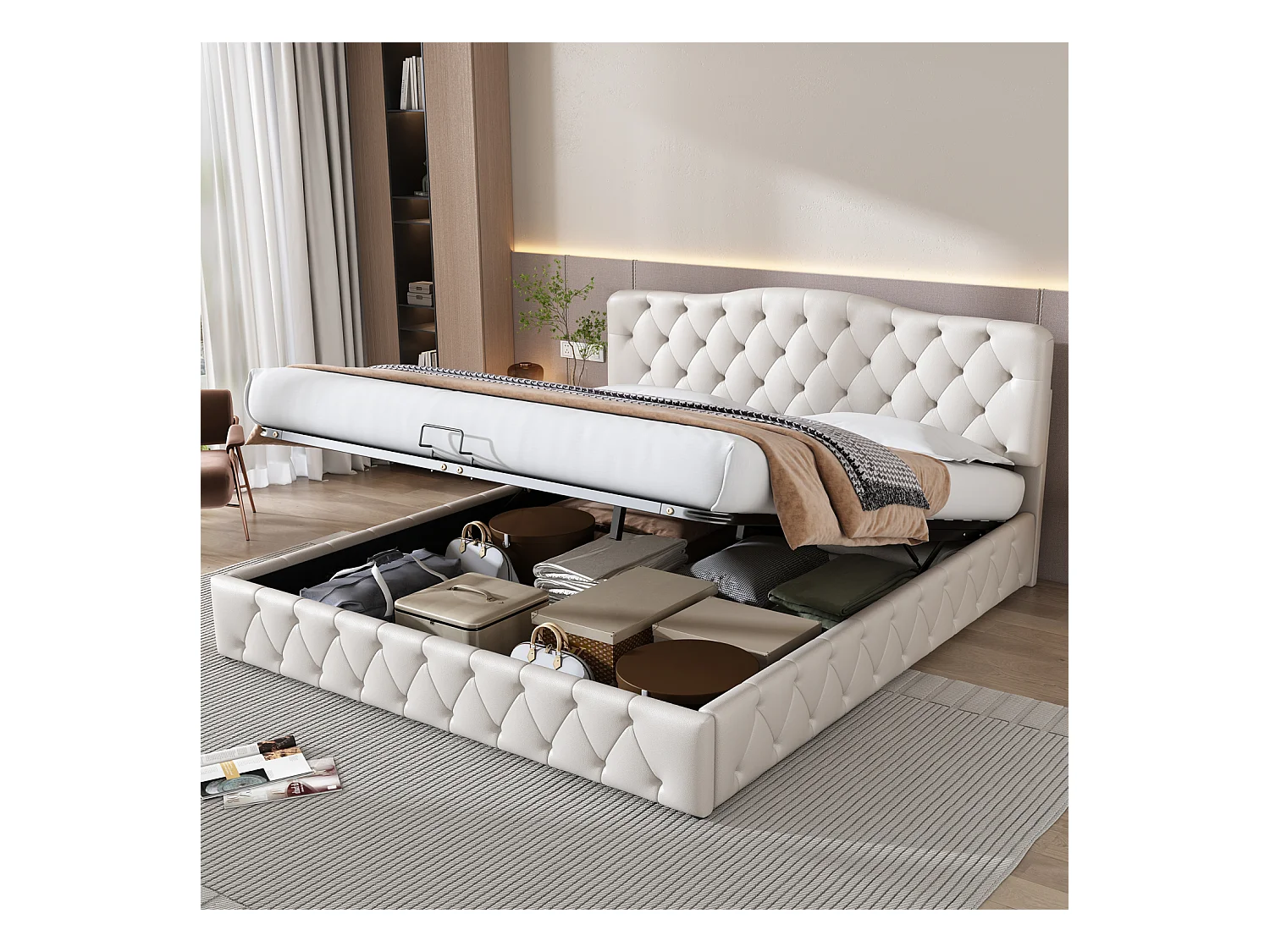 Lit coffre adulte 180x200cm - lit 2 place avec sommier et tête de lit réglable - PU - blanc (sans matelas)