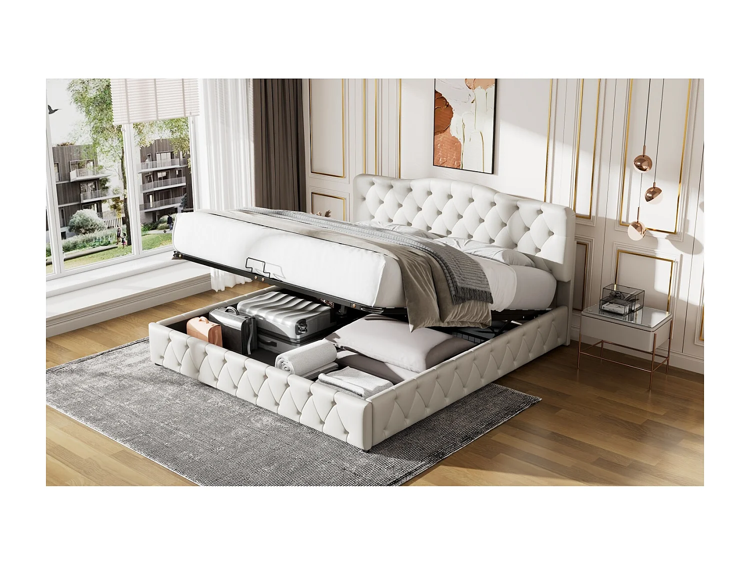 Lit coffre 180x200cm - lit 2 place avec sommier et tête de lit réglable - PU - blanc (sans matelas)