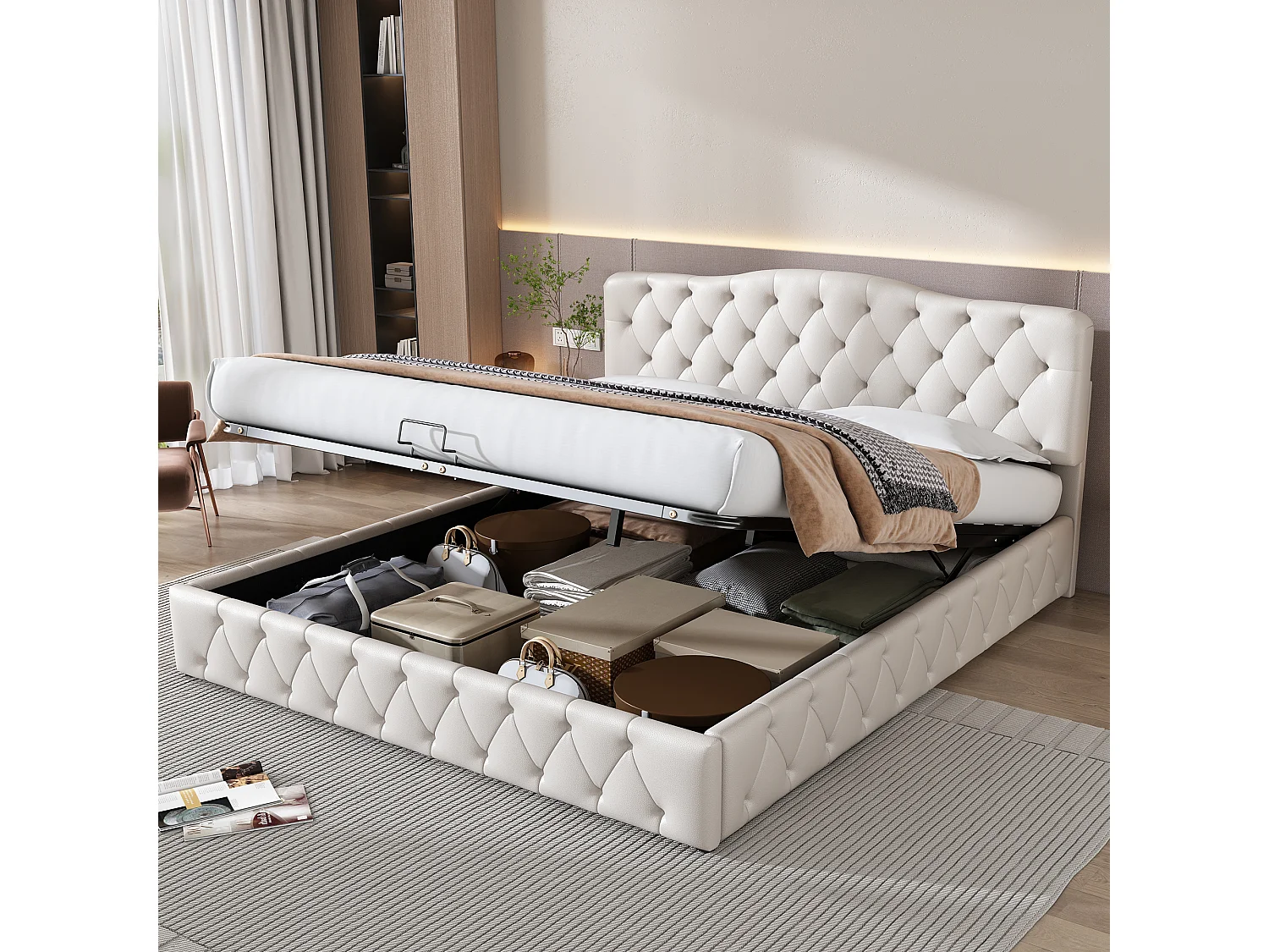 Cama de matrimonio con canapé para adultos de 180 x 200 cm, base ajustable y cabecero, de poliuretano, color blanco (sin colchón)
