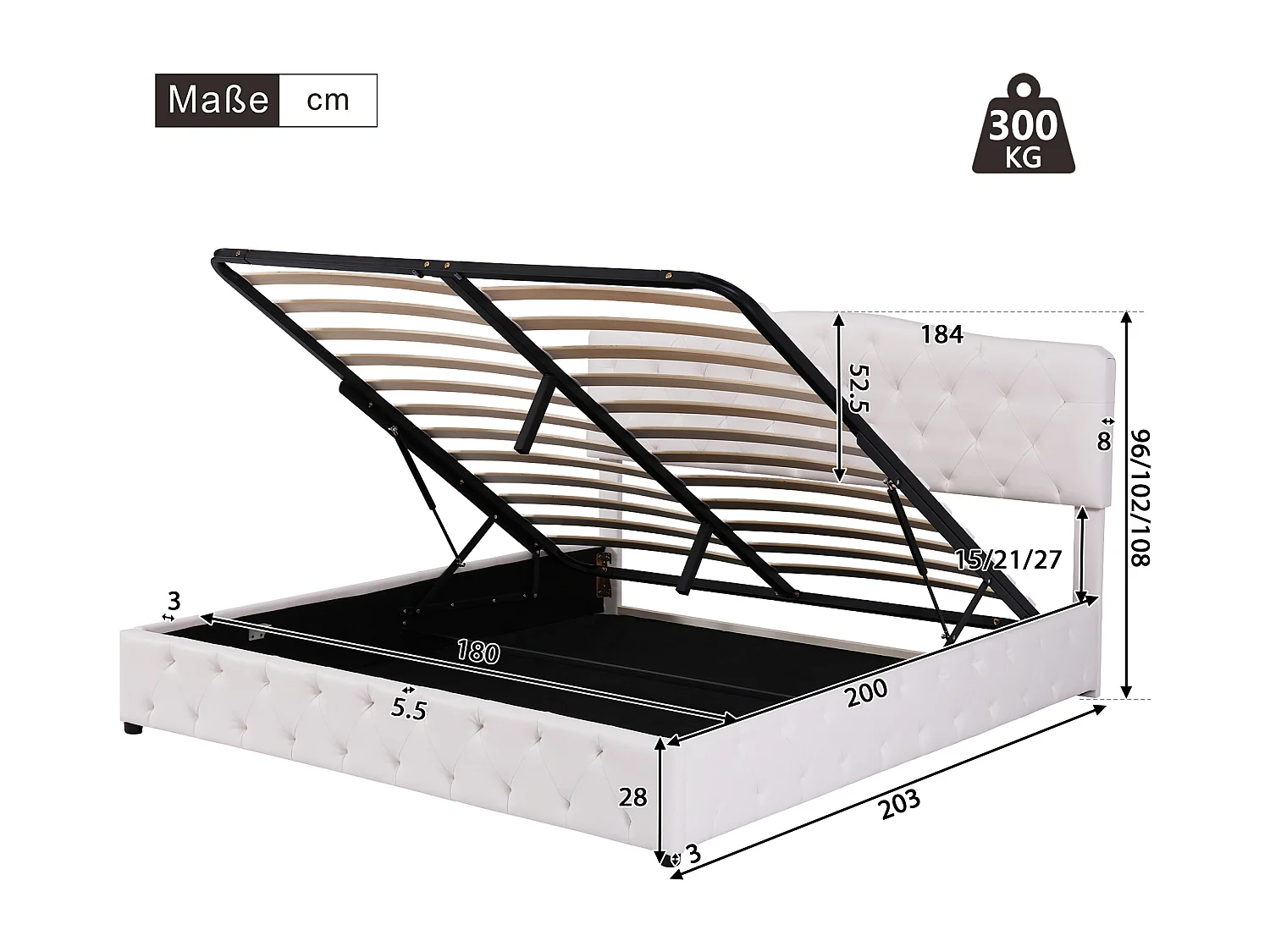 Cama de matrimonio con canapé para adultos de 180 x 200 cm, base ajustable y cabecero, de poliuretano, color blanco (sin colchón)