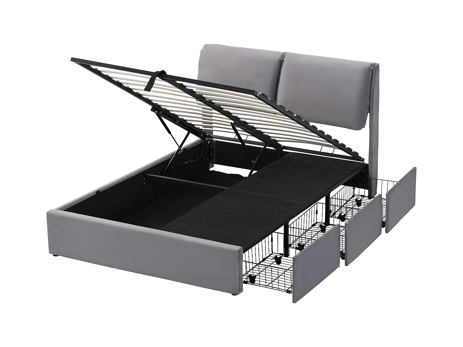 Lit coffre 140x200 cm avec sommier - tête de lit rembourré avec 3 tiroirs - velours - gris (sans matelas)