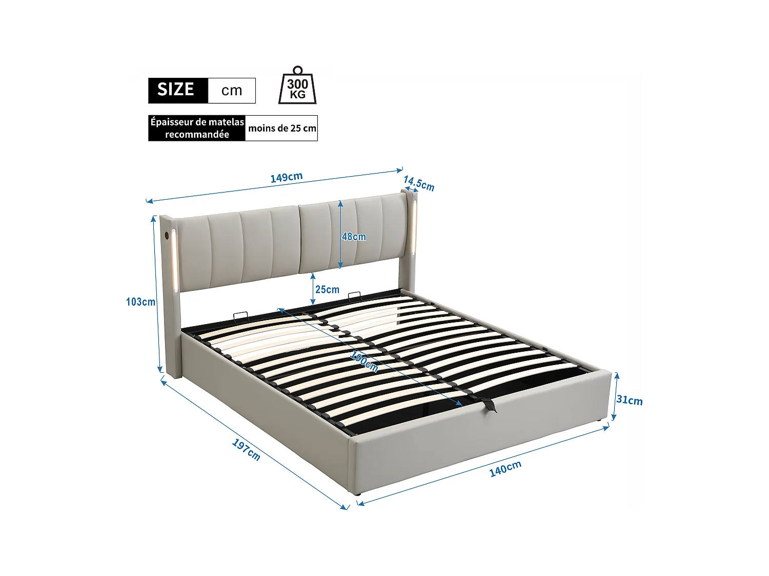 Lit coffre 140x190 cm avec sommier - tête de lit capitonnée avec LED et USB - similicuir - gris (sans matelas)