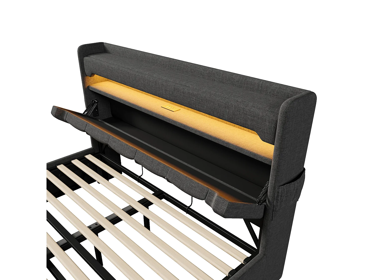 Lit coffre 160x200 cm avec LED 360°, avec tête de lit rangements et ports USB et Type C, lin gris (Sans matelas)