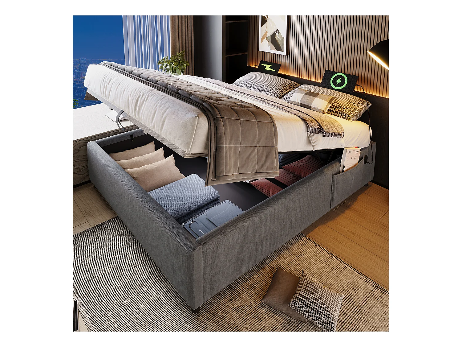 Lit coffre adulte 160x200 cm sans tête de lit - avec USB et rangement latéral - lin coton - gris (sans matelas)