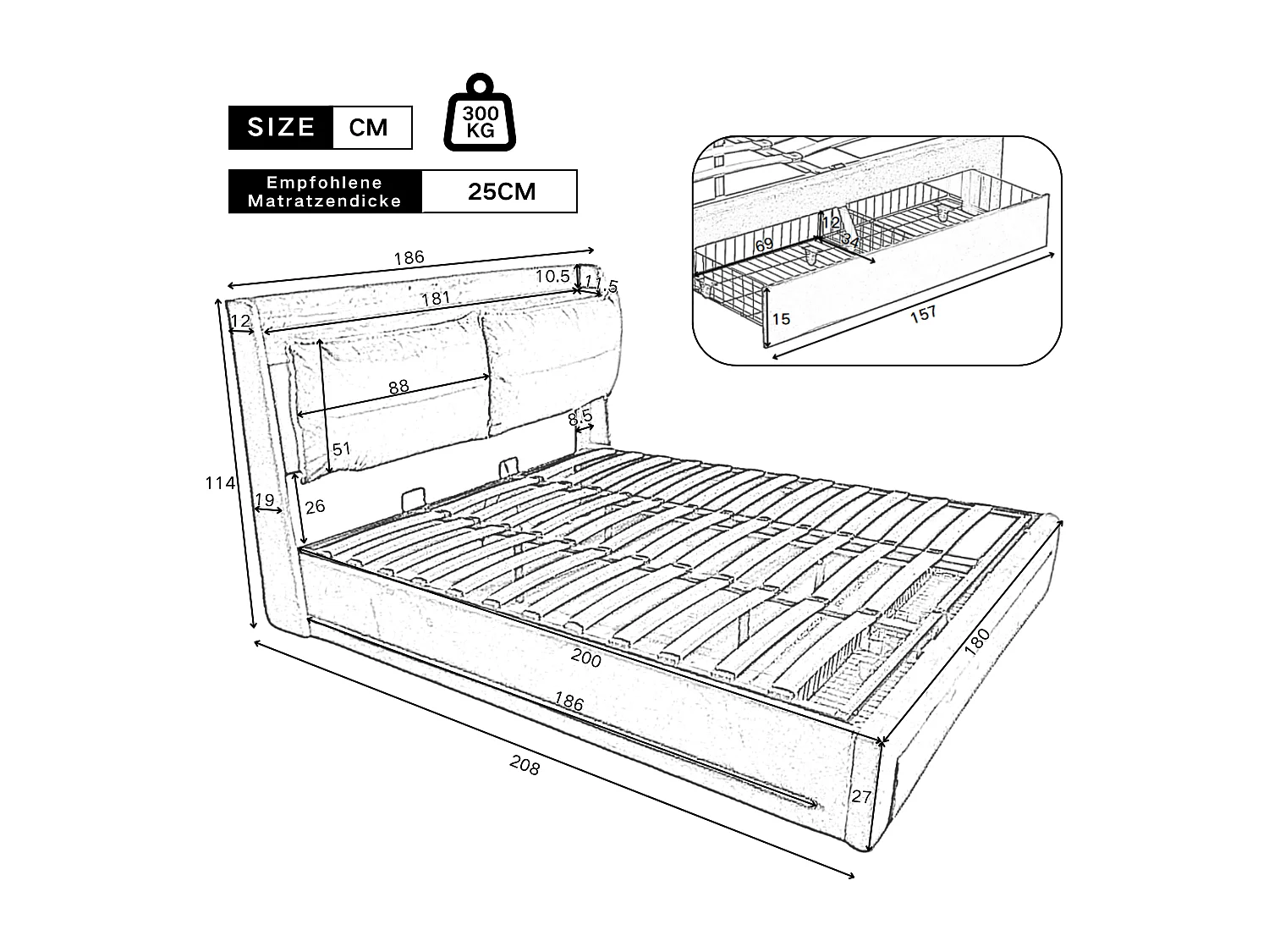 Volwassen opbergbed 180x200 cm met onderstel - gestoffeerd hoofdbord met 2-in-1 lades en LED - grijs fluweel (zonder matras)