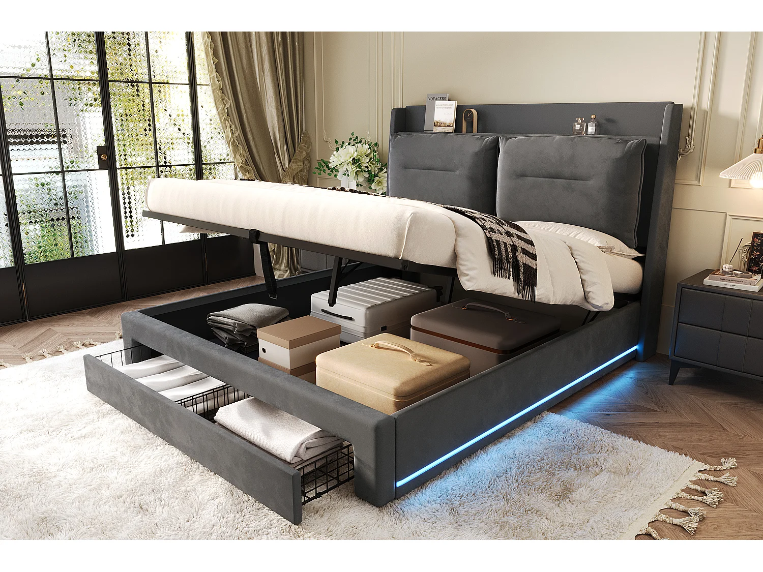 Volwassen opbergbed 180x200 cm met onderstel - gestoffeerd hoofdbord met 2-in-1 lades en LED - grijs fluweel (zonder matras)