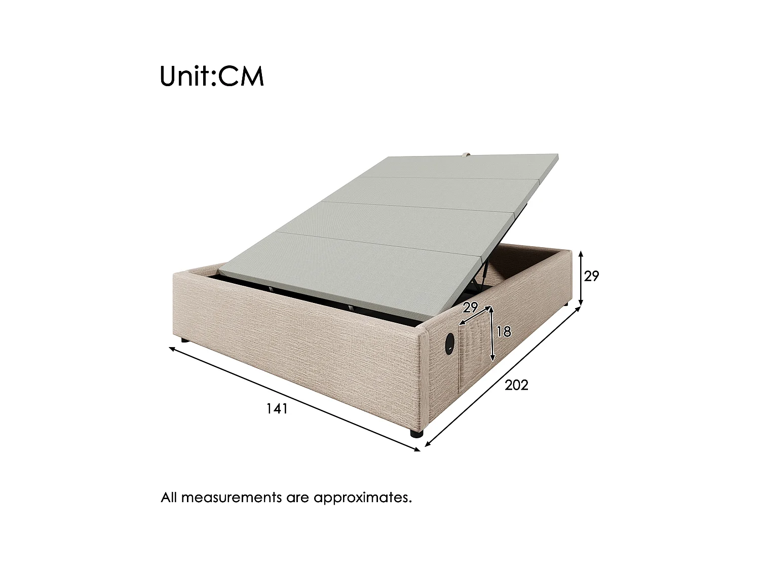Lit coffre 140x200 cm sans tête de lit - avec USB et rangement latéral - lin - beige (sans matelas)