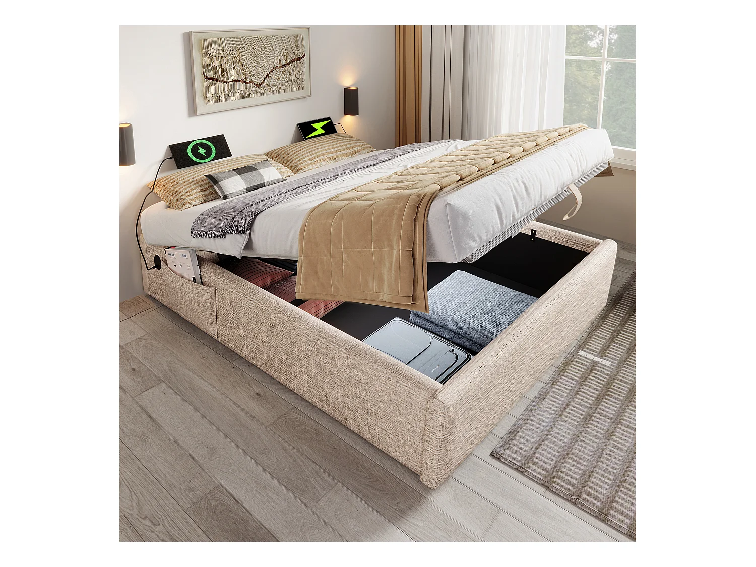 Lit coffre adulte 140x200 cm sans tête de lit - avec USB et rangement latéral - lin - beige (sans matelas)
