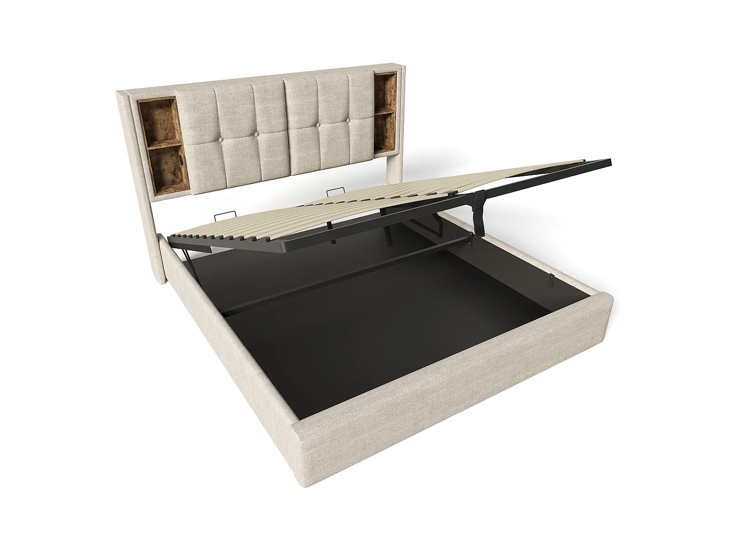 Lit coffre 180x200cm avec sommier - tête de lit avec USB et rangement - tissu lin - naturel (sans matelas)