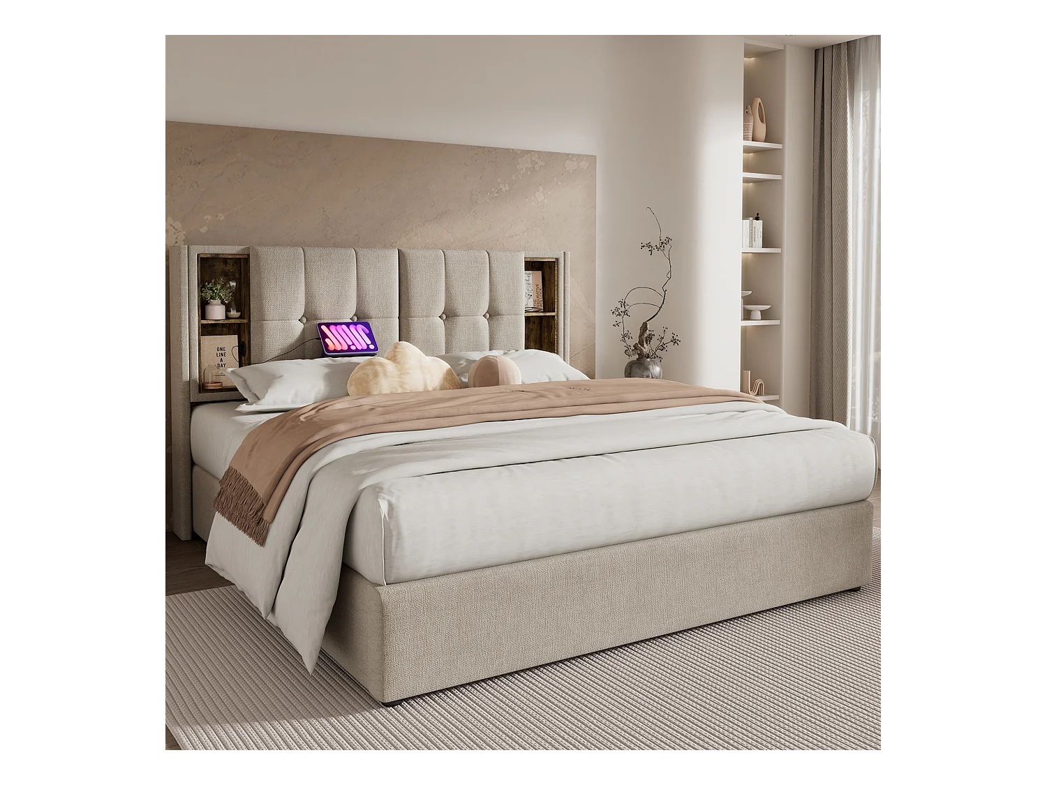Lit coffre 180x200cm avec sommier - tête de lit avec USB et rangement - tissu lin - naturel (sans matelas)