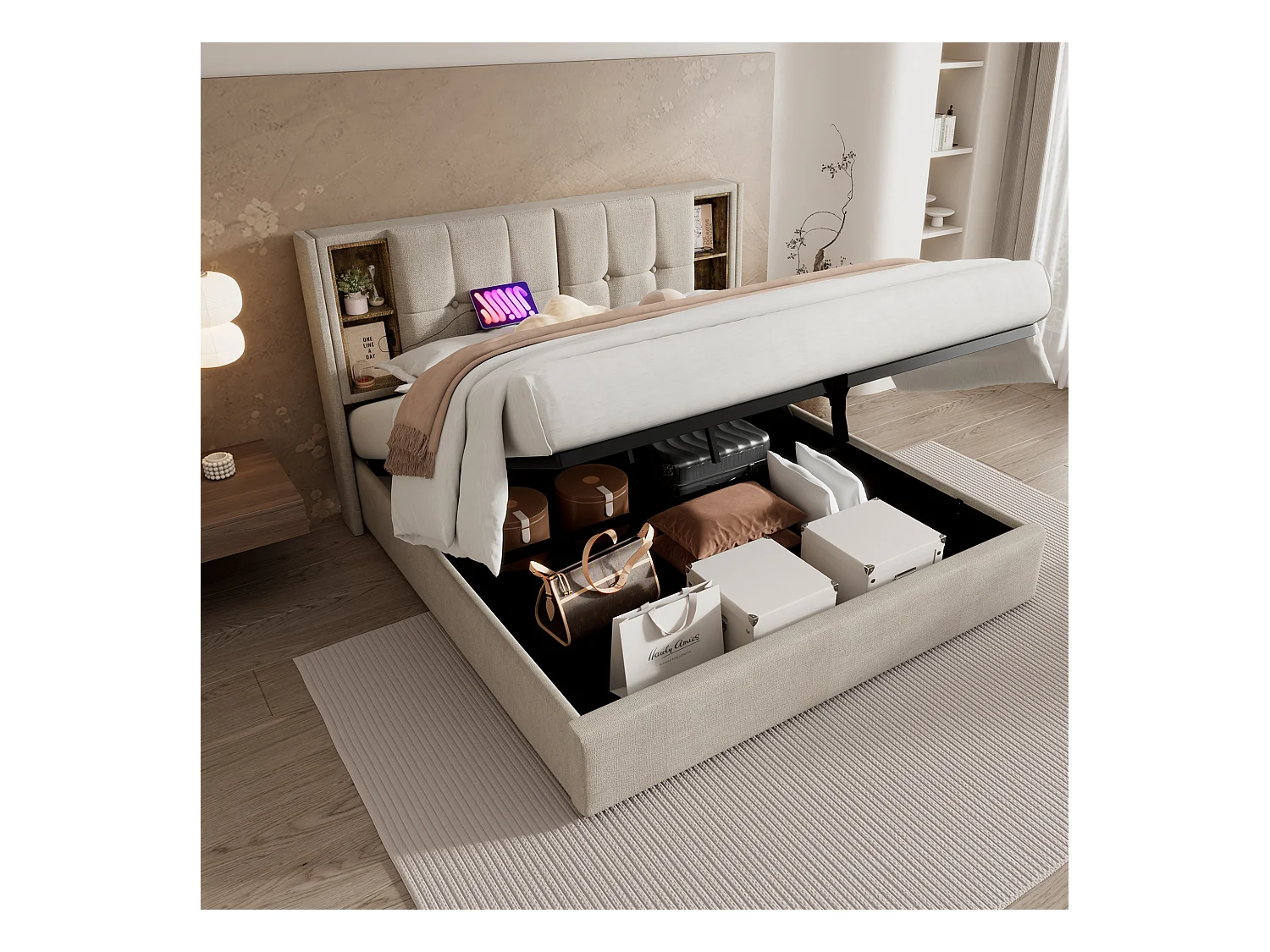 Lit coffre adulte 180x200cm avec sommier - tête de lit avec USB et rangement - tissu lin - naturel (sans matelas)