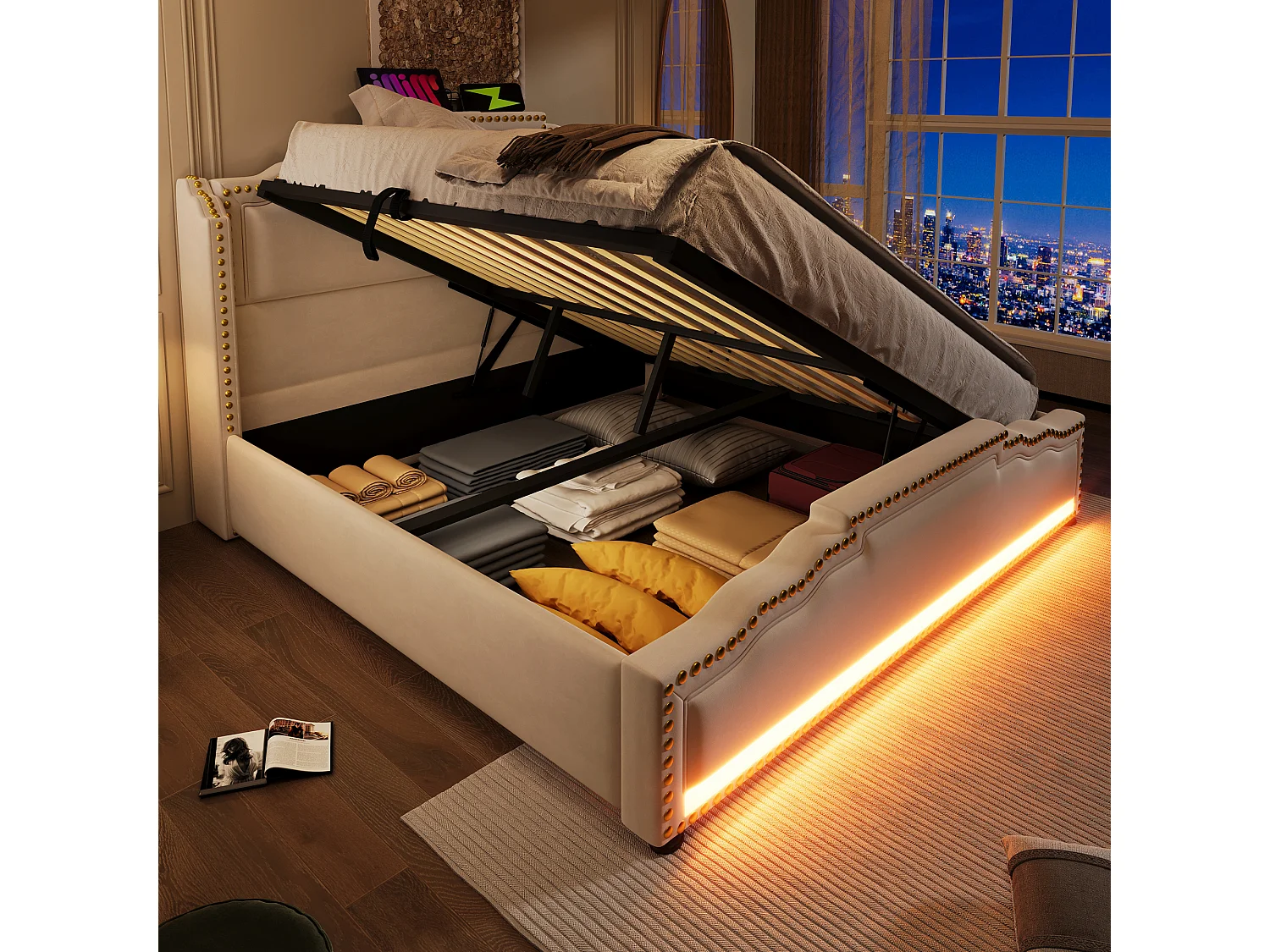 Lit coffre 160x200cm avec sommier - LED et USB-C - cadre de lit - velours beige (sans matelas)